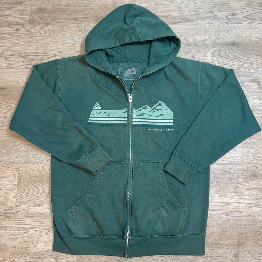 The Great PNW Zip Up Hoodie Mens L Green Mountain Graphic Sweatshirt Northwest